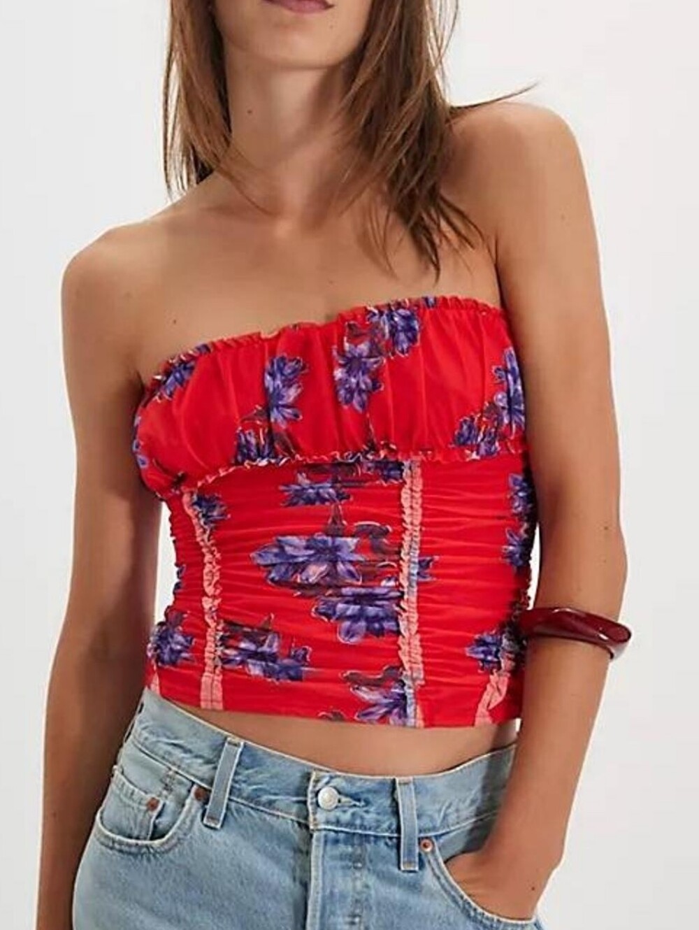 FREE PEOPLE NWT Scottie Printed Tube Top Red Strapless Ruffled Floral Tube Top